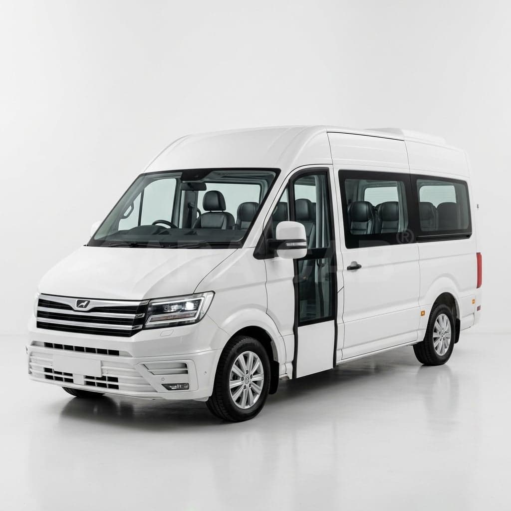 White mini bus coach in Coimbatore, chauffeur-driven group transport with SARA CAB