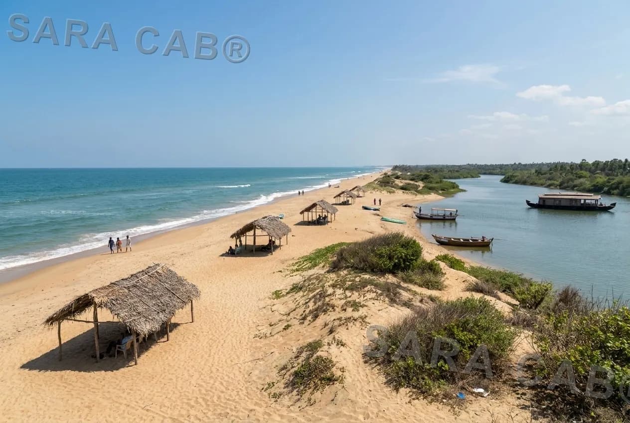 Paradise Beach near Pondicherry with golden sand, thatched shade huts and the Chunnambar backwater behind