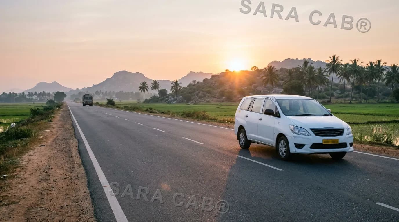 A taxi on the Bengaluru–Mysuru highway at sunrise