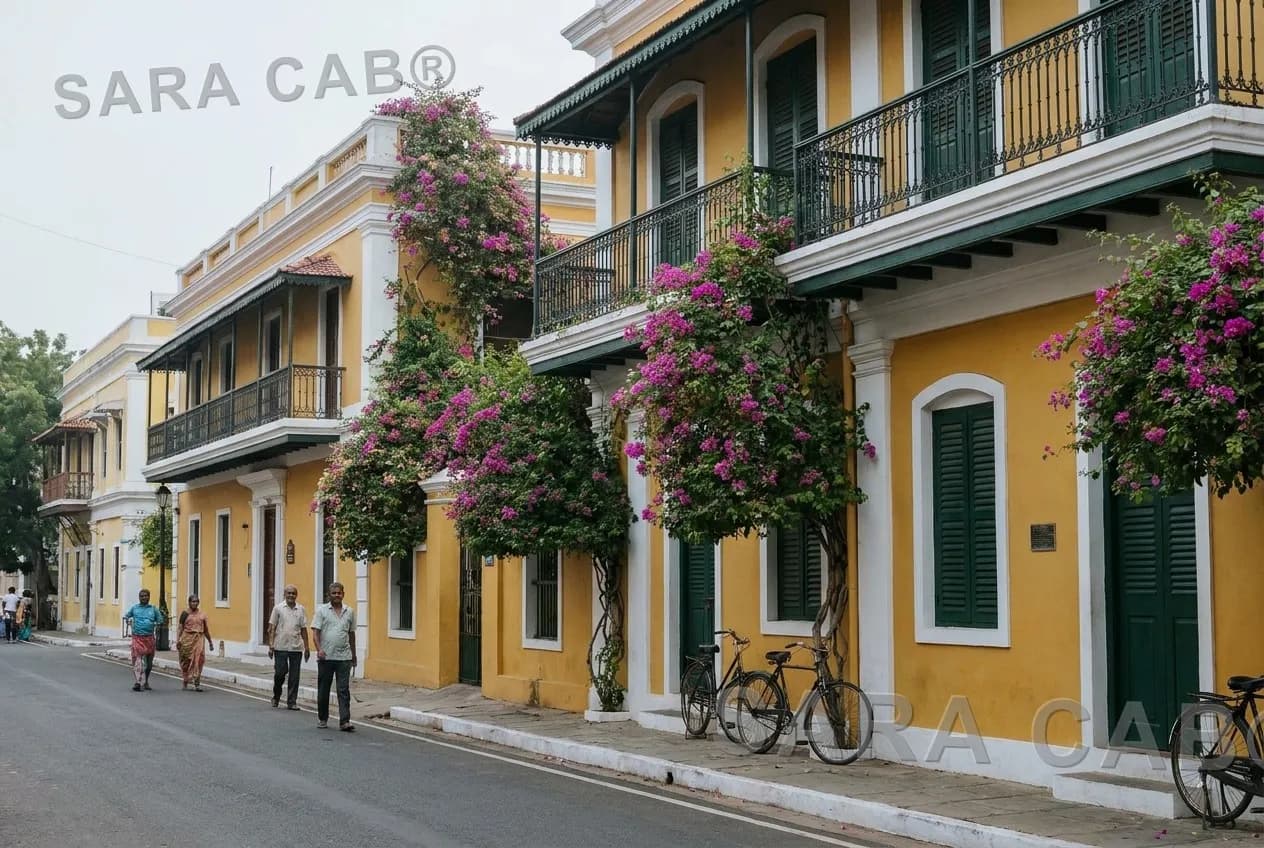 Mustard-yellow French-colonial houses with bougainvillea on a quiet White Town street in Pondicherry