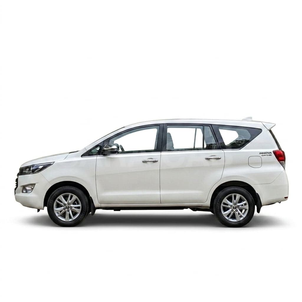 White Toyota Innova Crysta premium MPV taxi in Bangalore, chauffeur-driven with SARA CAB