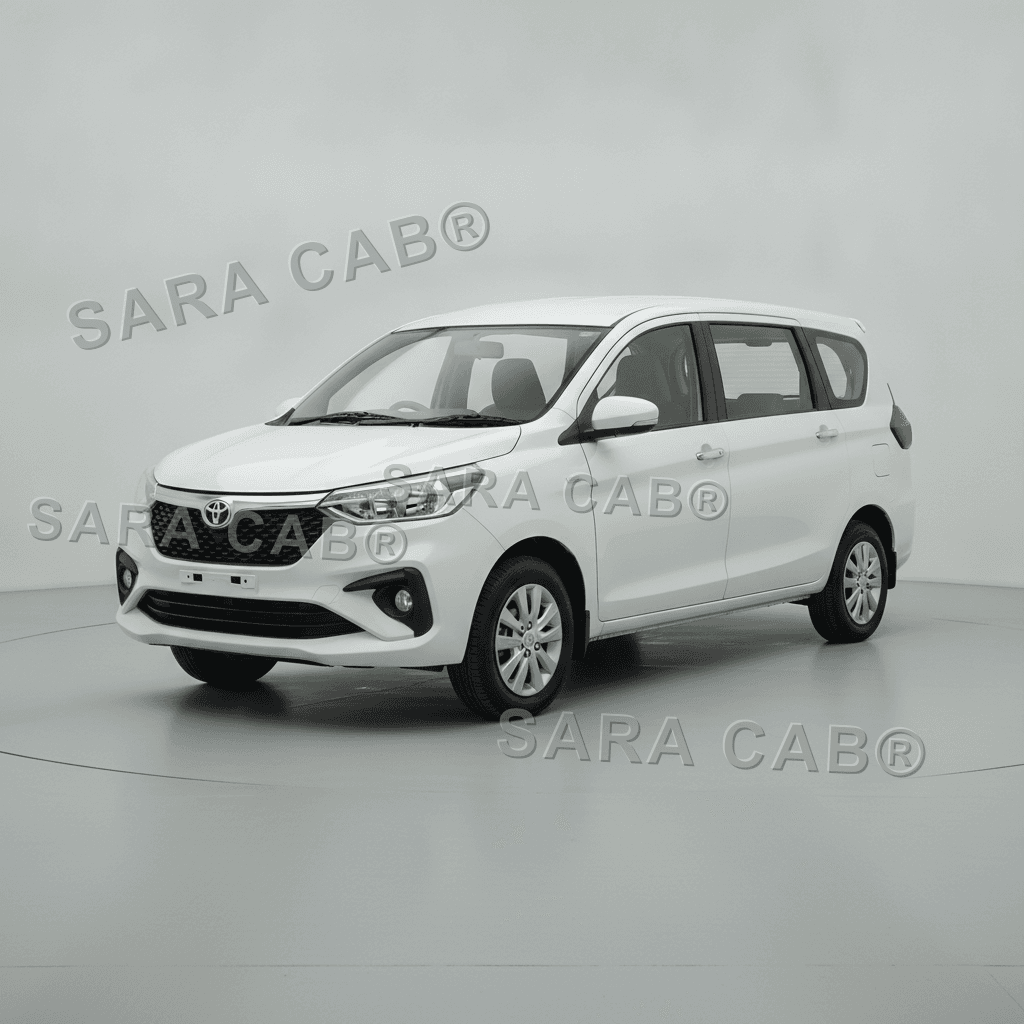 White Toyota Rumion value MPV taxi in Mysore, chauffeur-driven with SARA CAB